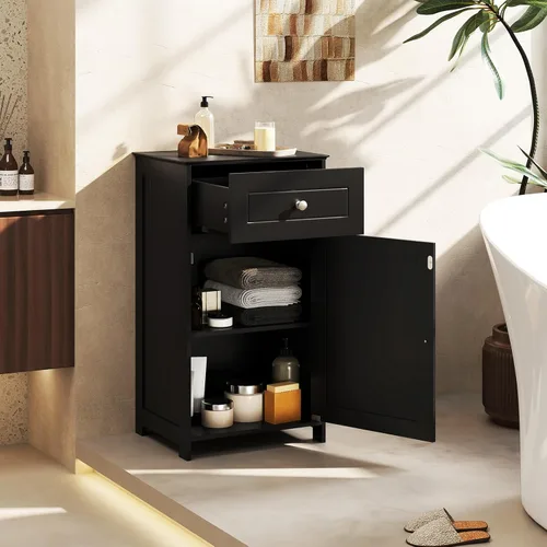 Miniatura 9 de Giantex Armario de almacenamiento de baño de piso, gabinete independiente con cajón, puerta, estante ajustable, dispositivo antivuelco, organizador