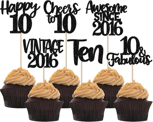 Miniatura 75 de Rsstarxi Paquete de 24 adornos para cupcakes vintage 2019 con purpurina negra para 5º cumpleaños, saludos a 5, cinco, 5, 5 fabulosos para cupcakes