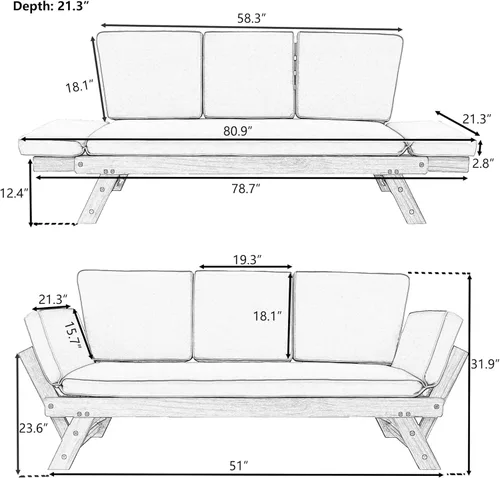 Miniatura 2 de Harper & Bright Designs Sofá convertible para exteriores con reposabrazos ajustable, sofá de madera maciza para patio con cojines, acabado Acabado