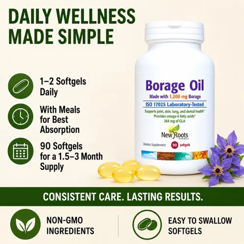 Miniatura 7 de NEW ROOTS HERBAL Suplemento de aceite de borraja 1200 mg Aceite de semilla de borraja orgánico prensado en frío (90 cápsulas blandas), suplemento
