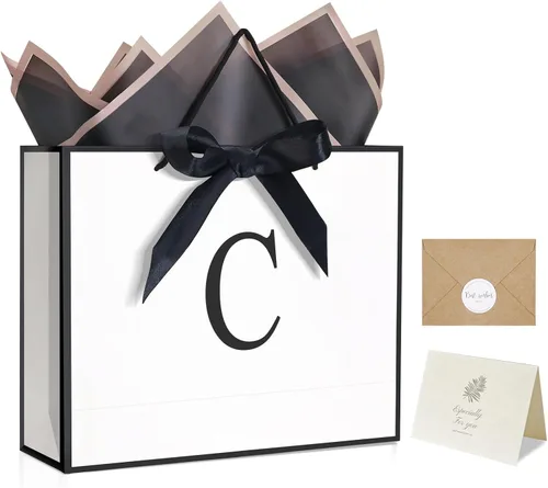 Miniatura 30 de QLSKO - Bolsa de regalo con monograma personalizada, bolsa de papel con inicial personalizada con tarjeta, sobre a juego, cinta con lazo y papel