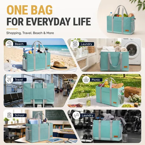 Miniatura 9 de WONDAY Portador de Bolsa de Compras Reutilizable Extra Grande de Pie con Asa, Treinta y Una Bolsa Utilitaria Plegable para Compras y Playa Verde