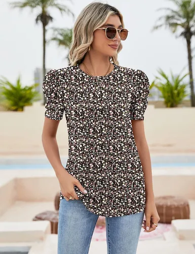 Miniatura 2 de Ivicoer - Camisa de manga corta abullonada para mujer, con ojales, cuello redondo, ajuste holgado, talla S-XXL