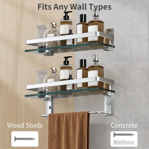 Miniatura 10 de Danpoo Estantes de baño montados en la pared, estante de vidrio templado transparente con toallero, soporte para toallas de mano (plata mate)