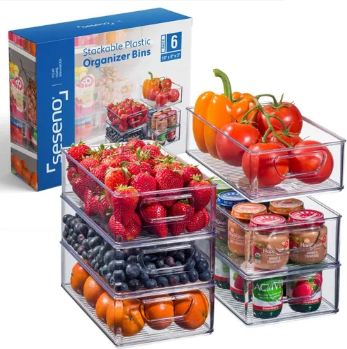 Juego de 6 cubos organizadores de refrigerador, organizadores apilables para refrigerador con asas recortadas para congelador, cocina, encimeras,
