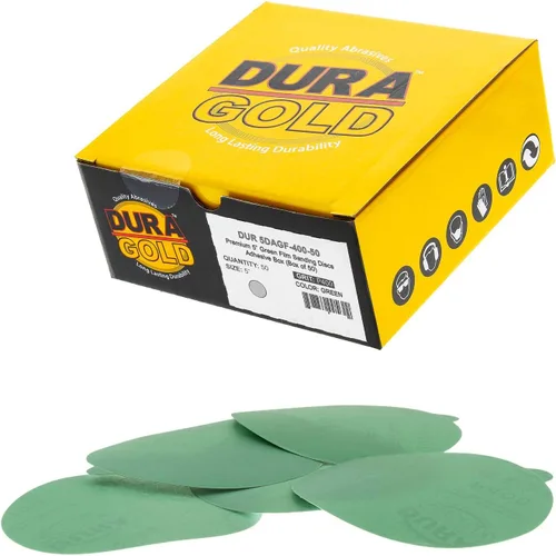 Miniatura 12 de Dura-Gold Discos de lija PSA de película verde de 5 pulgadas, grano 180 (caja de 50), discos de papel de lija autoadhesivos con parte trasera