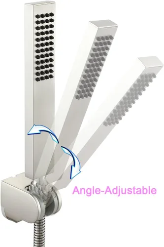 Miniatura 2 de Asyas Cabezal de ducha de mano de níquel cepillado de latón macizo con conector de pared ajustable, soporte de ducha y manguera, cuadrado de alta