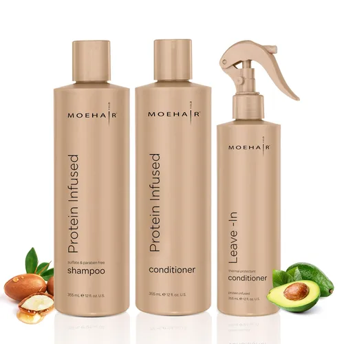 Moehair Trio Pack | Combo de champú y acondicionador con infusión de proteínas con acondicionador sin enjuague | Hidrata el cabello seco y dañado |