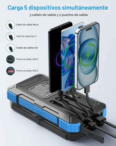 Miniatura 2 de Cargador Solar Power Bank 49800mAh con 4 cables integrados y 3 paneles plegables, cargador de teléfono portátil rápido PD22.5W, paquete de batería