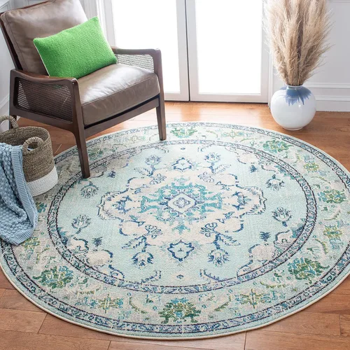 Miniatura 40 de Safavieh Tapete decorativo de 2 pies 2 pulgadas x 4 pies de la colección Monaco, verde y celeste, diseño desgastado de medallón, no desprende