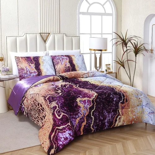 Juego de edredón de mármol morado, tamaño Queen, 3 piezas (1 edredón + 2 fundas de almohada), diseño de acuarela de lava volcánica, edredón de