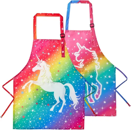 Miniatura 10 de Lictin Paquete de 2 delantales para niños y niñas para cocinar, delantal de arte impermeable con bolsillos para niños, pintar, cocinar, hornear