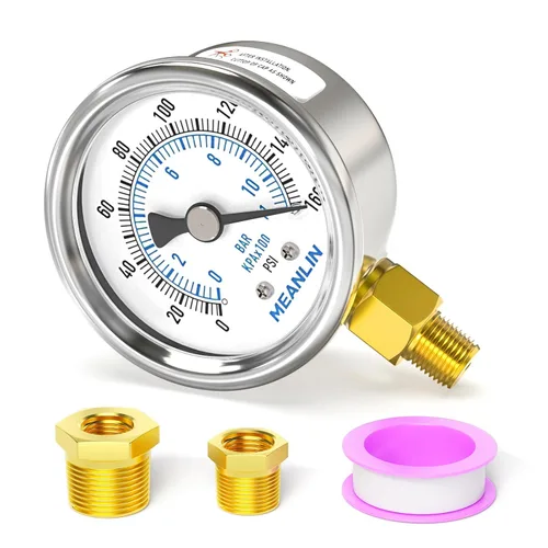 Miniatura 23 de MEANLIN MEASURE Medidor de presión en seco de acero inoxidable de 0 ~ 200 psi, esfera de cara NPT de 2 pulgadas, impermeable para compresor de aire