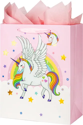 Laidans Bolsa de regalo de unicornios grandes de 13 pulgadas para niñas y niños, baby shower con papel de seda, paquete de 1