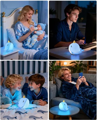 Miniatura 2 de Fuloon Narwhal - Luz nocturna con forma de ballena, lámpara de silicona blanda para niños, control táctil seguro y relajante para niños y bebés