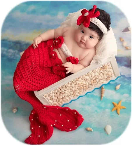 Accesorios de fotografía para recién nacidos, diadema de estrella, brasier y cola de sirena para sesión de fotos de bebé (rojo)