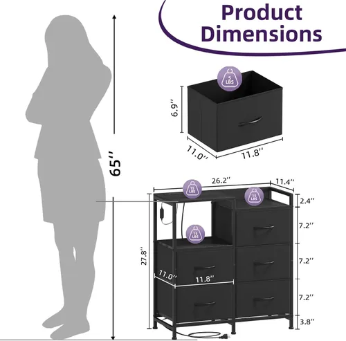 Miniatura 3 de Somdot Mesita de noche negra con estación de carga y luz LED, cómoda ancha de 5 cajones para dormitorio con contenedores de tela y estante abierto