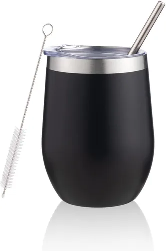 Miniatura 13 de Vaso de vino aislado de 12 onzas con tapa y pajita, vaso de vino de acero inoxidable sin tallo de doble pared, vaso de vino al vacío a granel