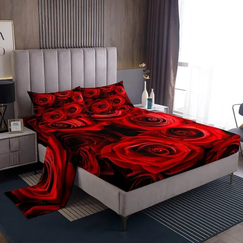 Juego de sábanas de rosas rojas, tamaño individual, juego de sábanas florales de color rojo degradado y negro para niñas, mujeres, niños,