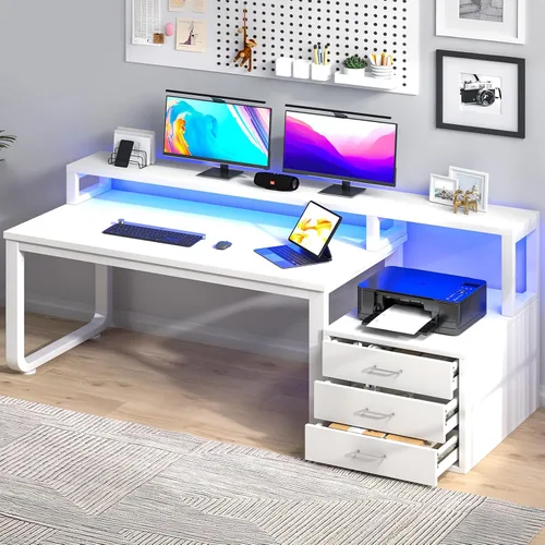 Miniatura 10 de MaverickFurni Escritorio para computadora de 67 pulgadas con 3 cajones, escritorio de oficina en casa con estante para impresora y soporte