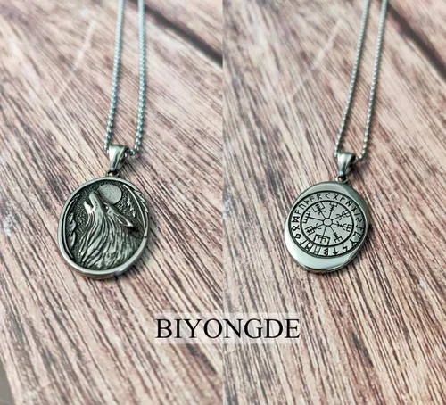 Miniatura 6 de Colgante de símbolo de lobo vikingo nórdico Vegvisir Mjolnir brújula para hombre, protección de fe, medallón guía amuleto, acero, joyería nórdica