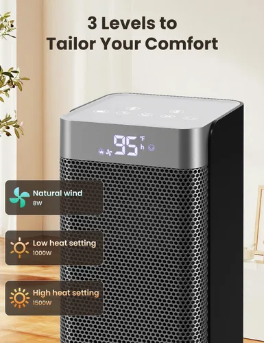 Miniatura 2 de Calentadores de espacio para uso en interiores, calentador eléctrico de cerámica PTC de 1500 W con termostato, pantalla de temperatura ambiente