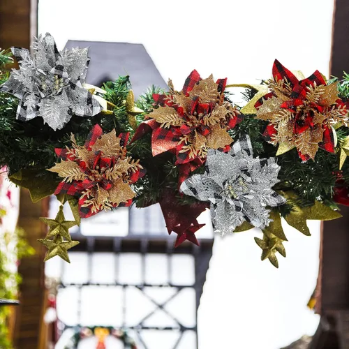 Miniatura 6 de 24 flores de Pascua de Navidad de 4.7 pulgadas con purpurina roja búfalo a cuadros de flores de nochebuena para adornos de árbol de Navidad