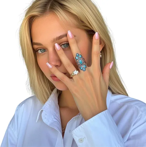 Miniatura 4 de LadayPoa Anillos vintage azul turquesa para mujer, anillos largos de flores gruesas, anillo de dedo bohemio retro grande, accesorios de joyería punk