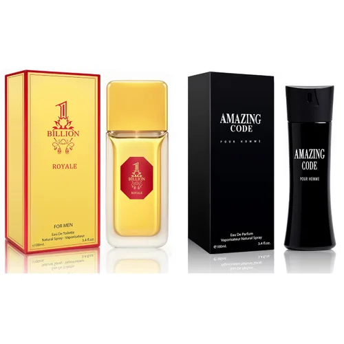 Miniatura 12 de Set de regalo de perfume para hombre, EDP, paquete de 2 (3.4 oz / 3.4 fl oz cada uno), Amazing Code Gold, AQUA DE EP BLUE, ámbar picante y azul