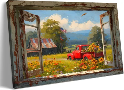 Miniatura 9 de Decoración rústica de granja en lienzo con ventana abierta, impresiones artísticas para pared, pintura de camión viejo, lienzo de granero y bandera
