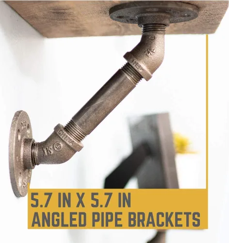 Miniatura 6 de Soportes de estante angulares industriales rústicos – Juego de cuatro soportes de doble brida de tubo de 4 pulgadas, accesorios de metal de hierro