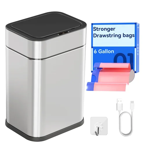 FRESHLIX Bote de basura de acero inoxidable con sensor de movimiento de 360°, bolsas de absorción automática, tapa de cierre silencioso, sin