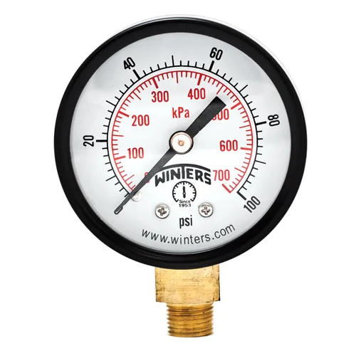 Miniatura 4 de Winters - Medidor de presión en seco de utilidad económica, interior de latón, caja de acero negro, escala doble 0-200 psi/kPa, 3-2-3% de precisión