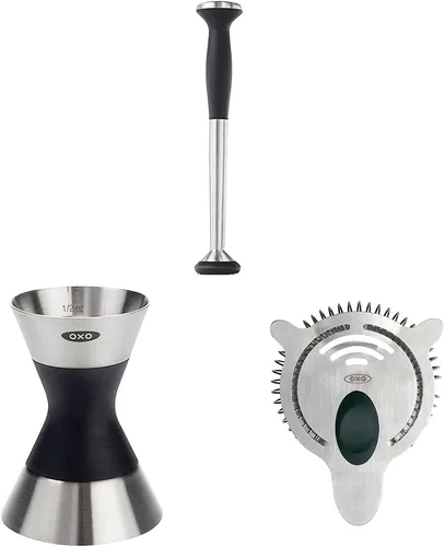 OXO SteeL Muddler con cabeza de nailon antiarañazos y agarre antideslizante suave, plateado, colador de cóctel SteeL de 9 pulgadas, acero