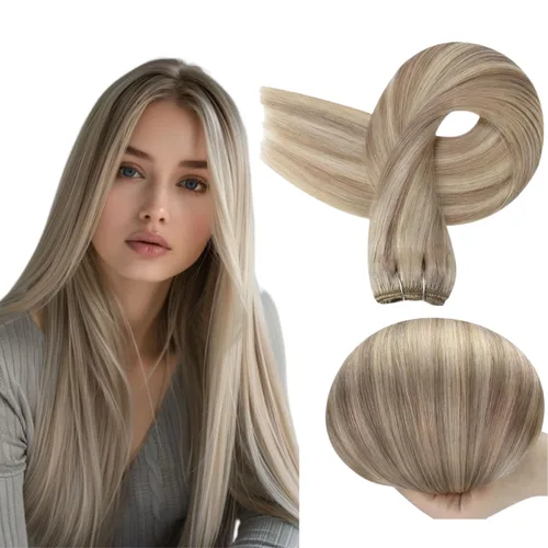 HC Extensiones de cabello humano Remy de 18 pulgadas, cabello lacio de doble trama, cabello cosido con reflejos rubio ceniza mezclado con rubio