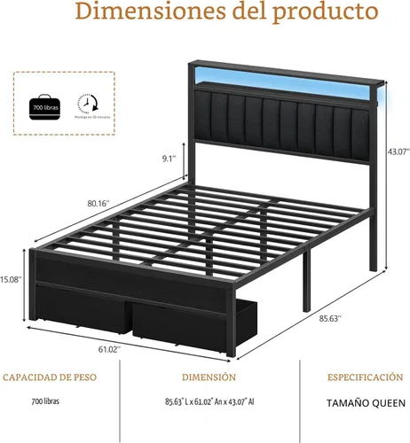 Miniatura 2 de Furnulem Base de cama Queen con estación de carga y luces LED, cabecera tapizada gris con estantes, cama de plataforma de metal con 2 almacenamiento