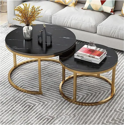 Mesa Round Coffee Table Set of 2 w/Faux Marble Top Modern Side End Table d Metal e Corner Nesting Cocktail Table for Living Room Office Accent Black