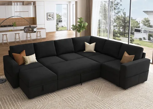 Miniatura 14 de HONBAY Sofá seccional modular con cama extraíble, sofá cama con forma de U extraíble con secciones de almacenamiento para sala de estar - Beige