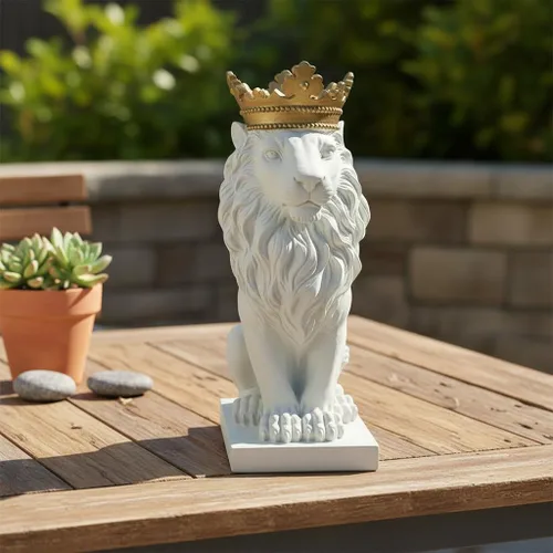 Miniatura 2 de Comfy Hour Estatua de león grande de 16 pulgadas con corona dorada, figura decorativa blanca felina para estante de oficina en casa, escultura