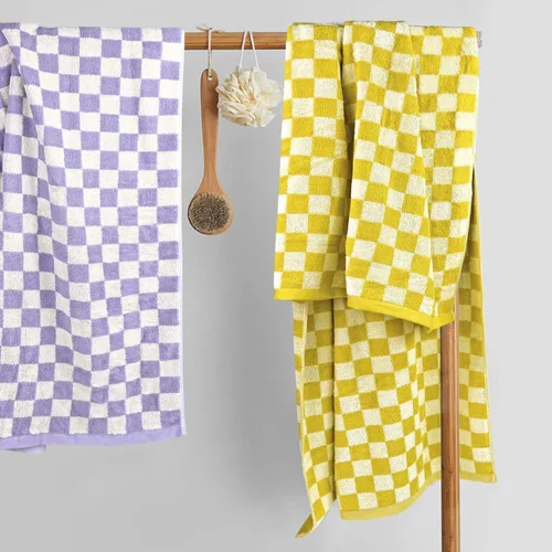 Miniatura 3 de Jacquotha Juego de toallas de baño a cuadros en amarillo y lila, toallas de ducha suaves y grandes, paquete de 2 toallas de baño de 55 x 27.5