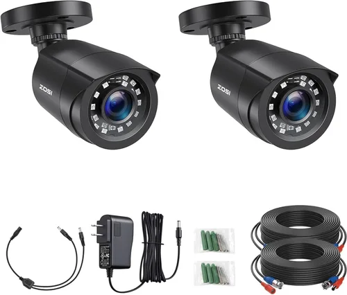 ZOSI Paquete de 2 cámaras de seguridad HD 1080P con audio, cámara de vigilancia doméstica de 2 MP para interiores y exteriores, visión nocturna IR