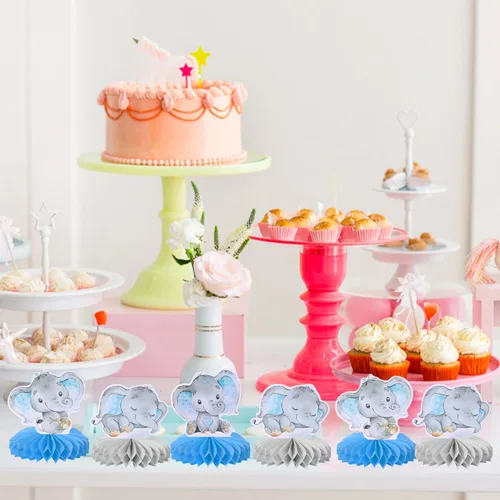 Miniatura 6 de ZHUOWEISM 6 piezas de centro de mesa de panal de elefante azul para It's a Boy Elephant Theme Reveal Género Reveal Baby Shower Niños Niños Fiesta