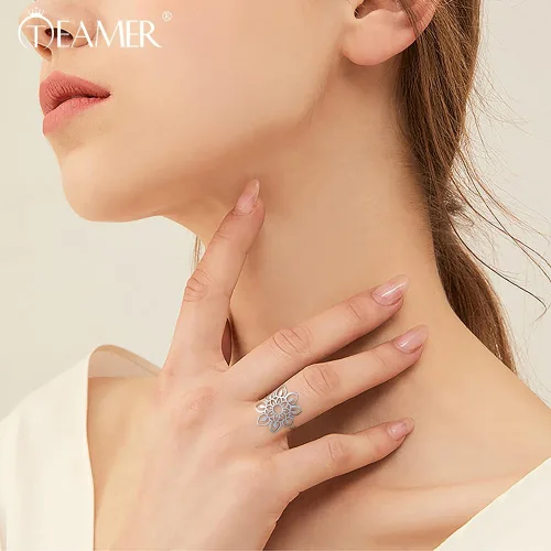 Miniatura 3 de TEAMER Anillo de loto de acero inoxidable hueco anillo de loto geométrico, joyería simple para mujer
