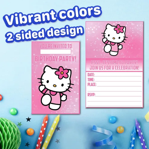 Miniatura 4 de Juego de 20 lindas tarjetas de invitación de cumpleaños con diseño de gatitos rosas y sobres – Ligeras (240g), invitaciones estilo postal