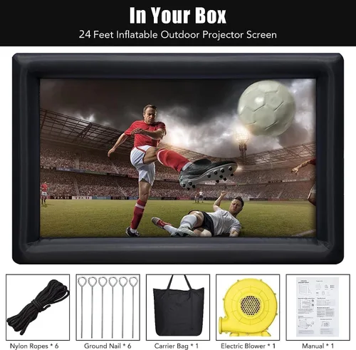 Miniatura 3 de TROPOW Pantalla de proyector inflable, pantalla de proyector exterior portátil de 24 pies, proyección delantera y trasera, con cuerda, soplador