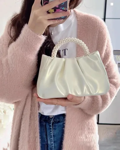 Miniatura 2 de Beatfull Bolso de noche para mujer, bolso de mano pequeño con perlas de cuero suave, bolso fruncido para boda, novia, fiesta, baile de graduación