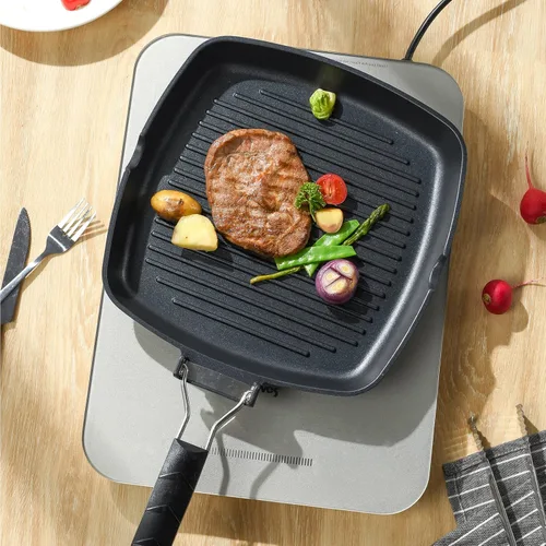 Miniatura 2 de S·KITCHN Sartén para parrilla con mango plegable, sartén antiadherente para estufas, sartén cuadrada compatible con inducción con boquillas