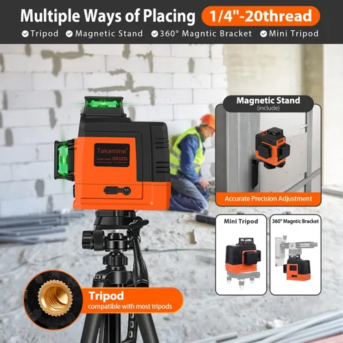 Miniatura 4 de Takamine Nivel láser de 12 líneas autonivelante 3x360° 3D con línea cruz verde para construcción/colgado de cuadros, control remoto, batería