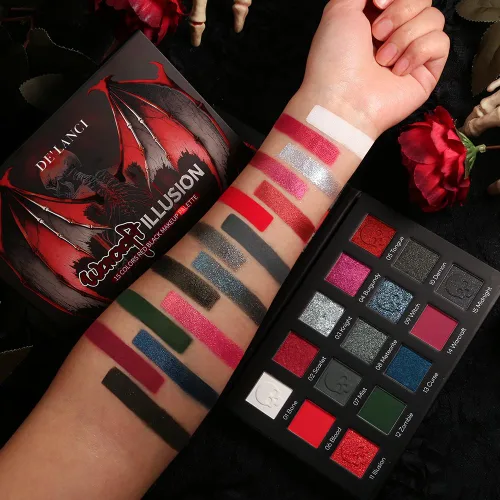 Miniatura 6 de Paleta de sombras de ojos roja y negra, maquillaje gótico rojo de Halloween Paleta de sombras de ojos negra con brillo plateado y purpurina, crema