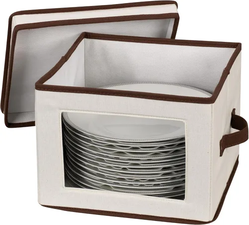 Miniatura 5 de Household Essentials 536 - Caja de almacenamiento de vajilla con tapa y asas Baúl para platos de cena Lona natural con ribete marrón